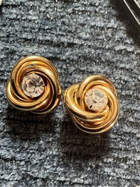 Bluette Gold Knot Stud clip on Earrings with Center Crystal